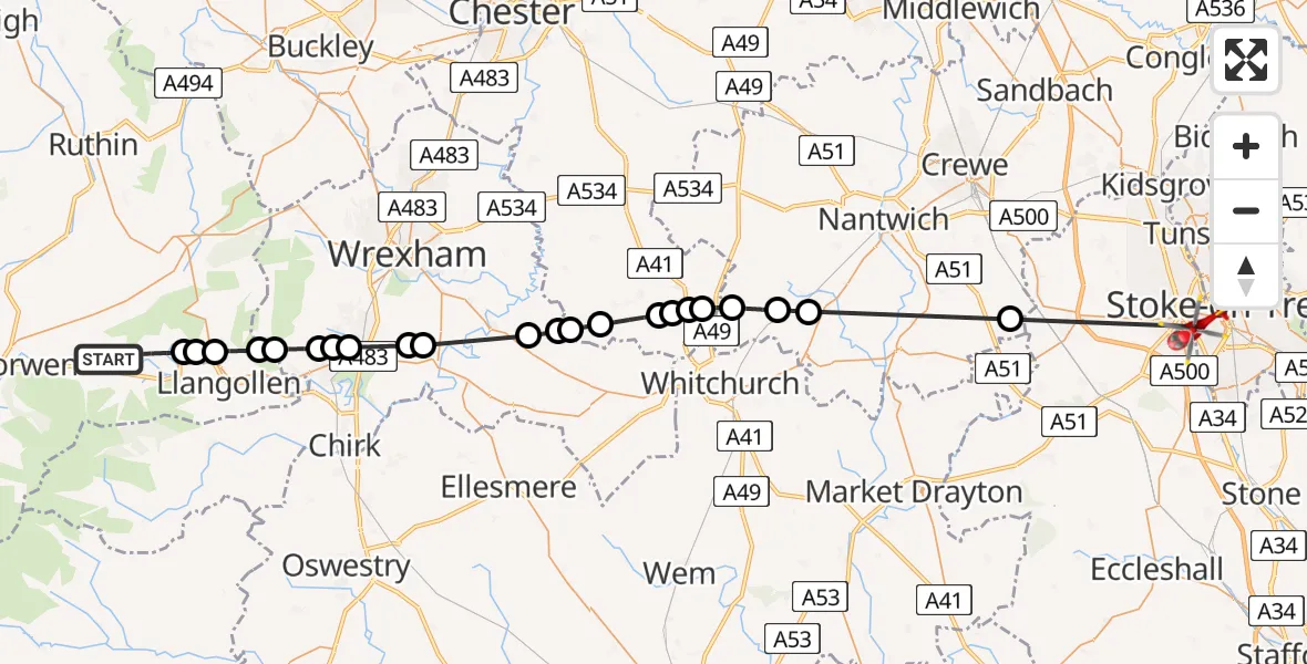 Flight route Air Ambulance Helicopter Glyndyfrdwy - University Hospital North Staffs, 15 August 2026, 16:27