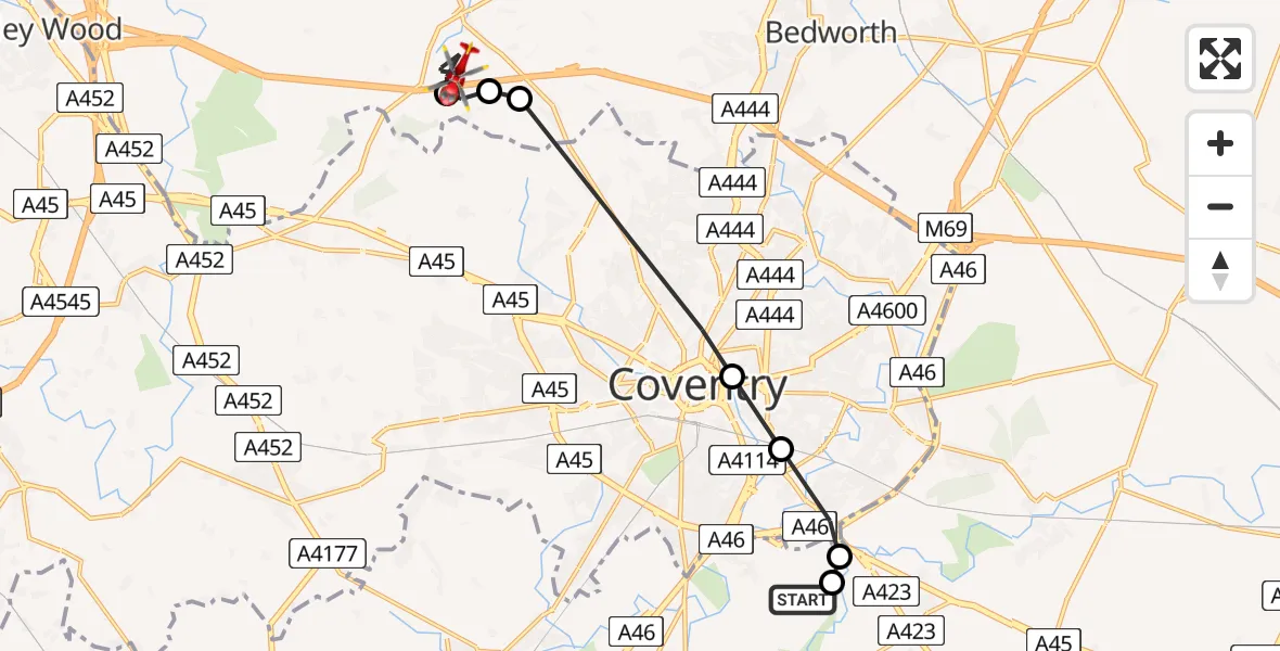 Flight route Air Ambulance Helicopter Coventry Airport - Fillongley CP, 15 August 2026, 16:31