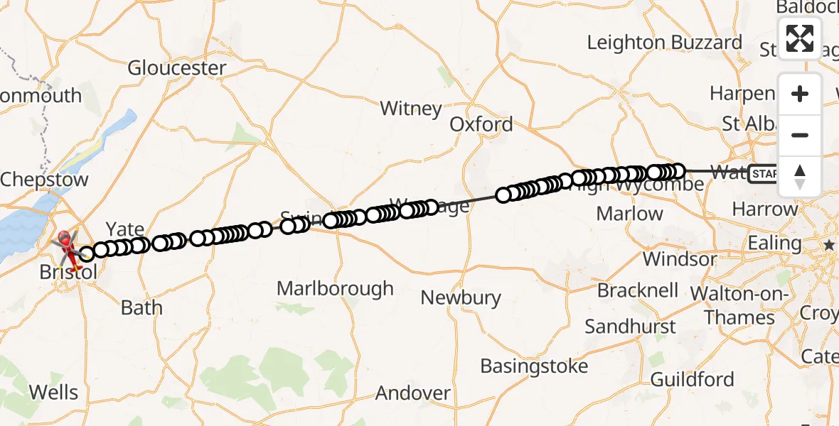 Flight route Air Ambulance Helicopter Elstree Airfield - Bristol, 15 August 2026, 16:31