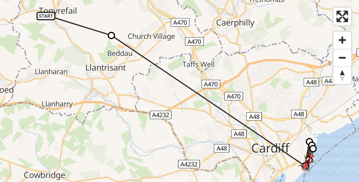 Flight route Air Ambulance Helicopter Tonyrefail - Cardiff Heliport, 15 August 2026, 16:39