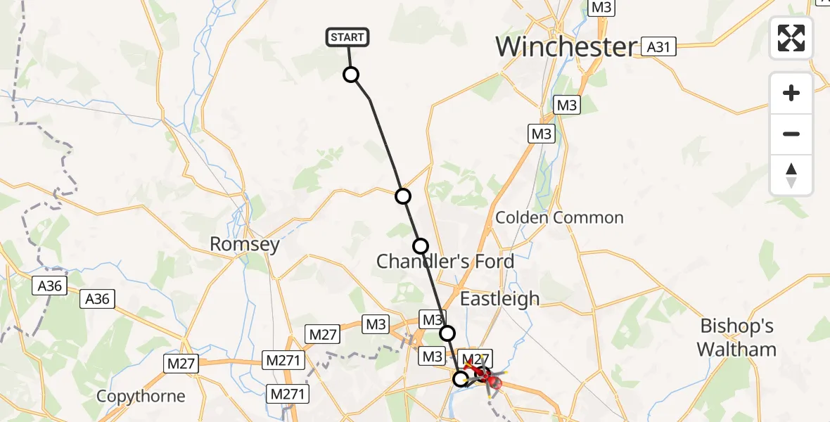 Flight route Air Ambulance Helicopter Test Valley - Townhill Park, 15 August 2026, 16:48