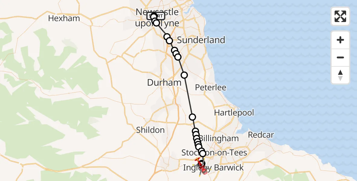 Flight route Air Ambulance Helicopter Newcastle Royal Victoria Infirmary - Egglescliffe, 15 August 2026, 16:51