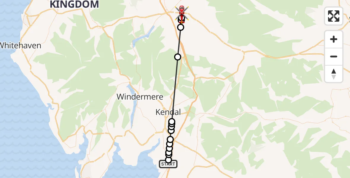 Flight route Air Ambulance Helicopter Yealand Conyers - Brougham, 15 August 2026, 16:53