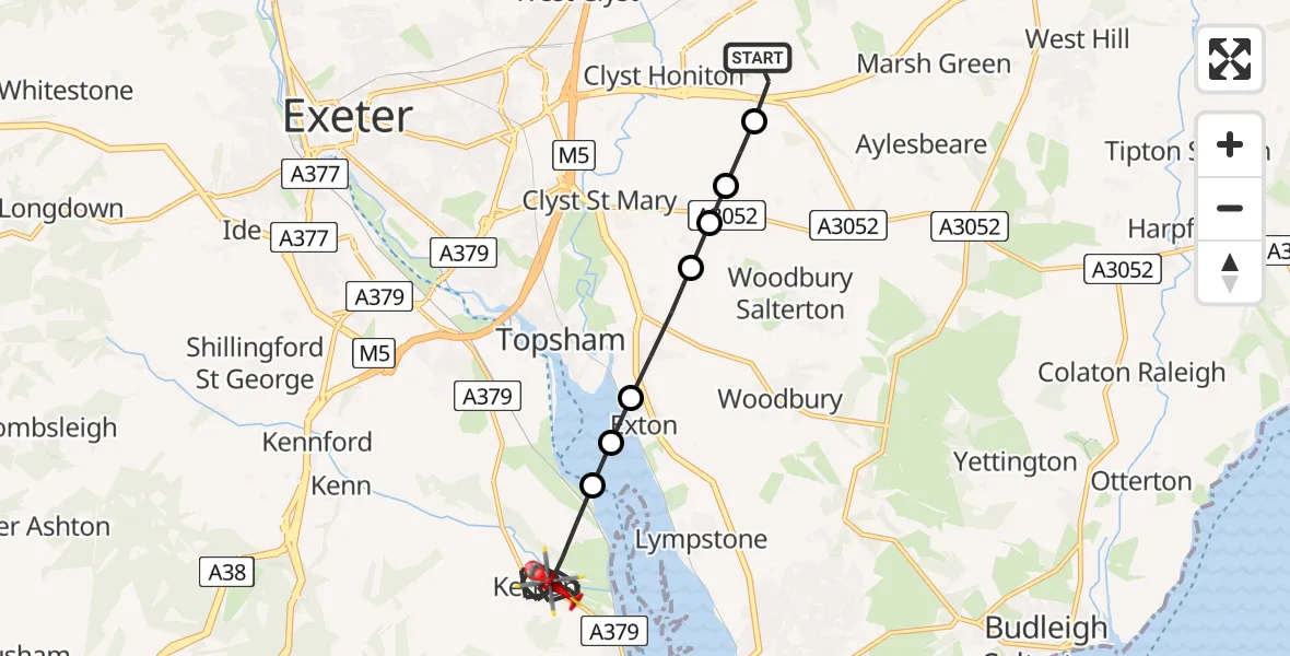 Flight route Air Ambulance Helicopter Exeter International Airport - Kenton, 15 August 2026, 17:04