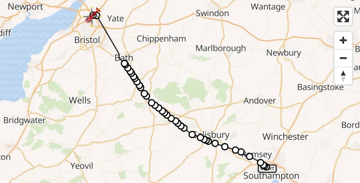 Flight route Air Ambulance Helicopter University Hospital Southampton - Almondsbury Helicopter Base, 15 August 2026, 17:04