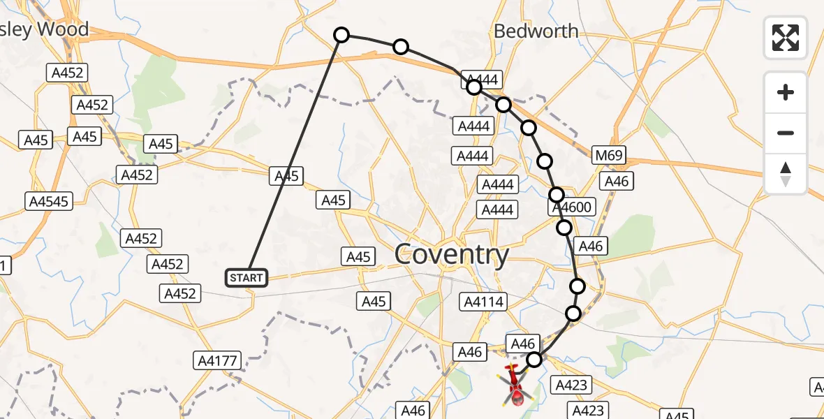 Flight route Air Ambulance Helicopter Solihull - Warwick, 15 August 2026, 17:15