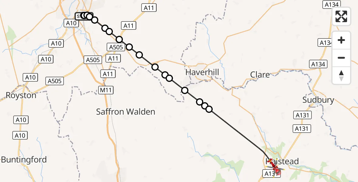 Flight route Air Ambulance Helicopter Papworth Hospital - Halstead, 15 August 2026, 17:15