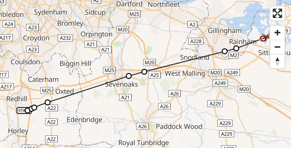 Flight route Air Ambulance Helicopter Redhill Aerodrome - Lower Halstow, 15 August 2026, 17:24