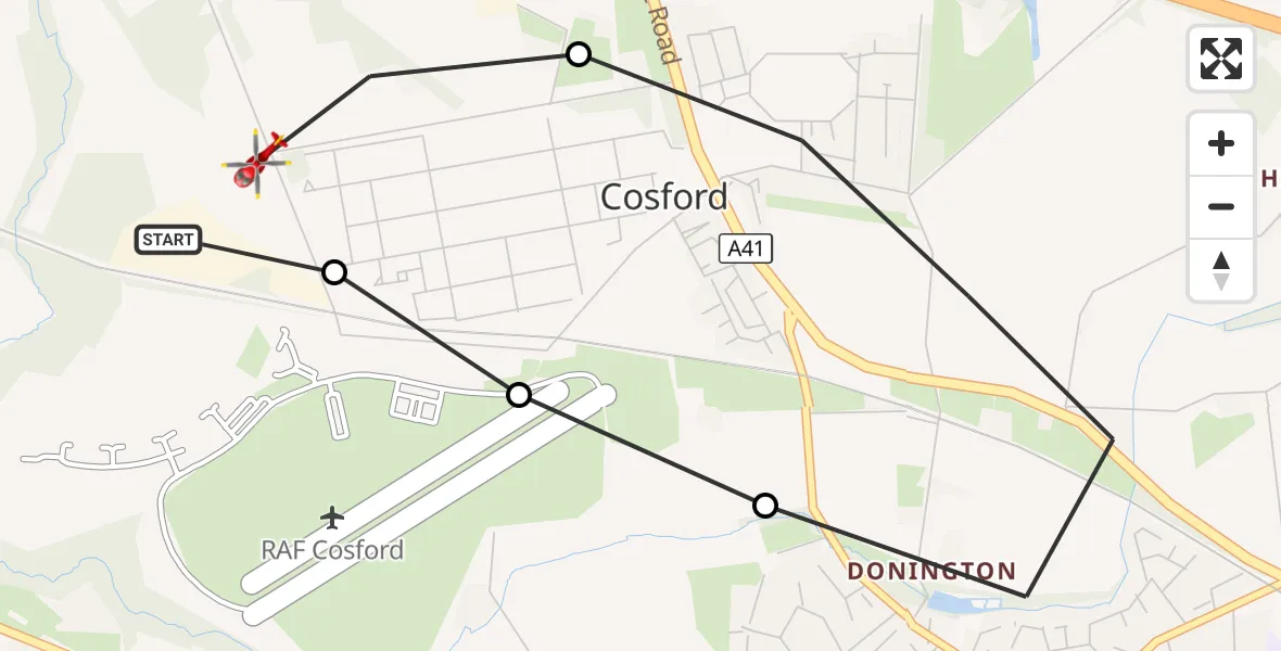 Flight route Air Ambulance Helicopter RAF Cosford - Cosford, 15 August 2026, 17:25