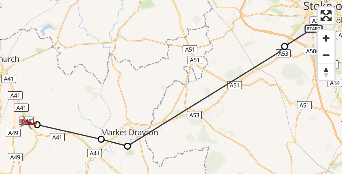 Flight route Air Ambulance Helicopter Newcastle-under-Lyme - Prees Higher Heath, 15 August 2026, 17:32