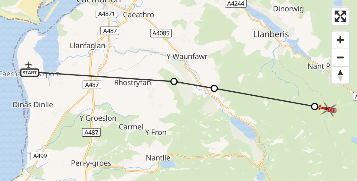 Flight route Air Ambulance Helicopter Caernarfon Airport - Nant Peris, 15 August 2026, 17:32