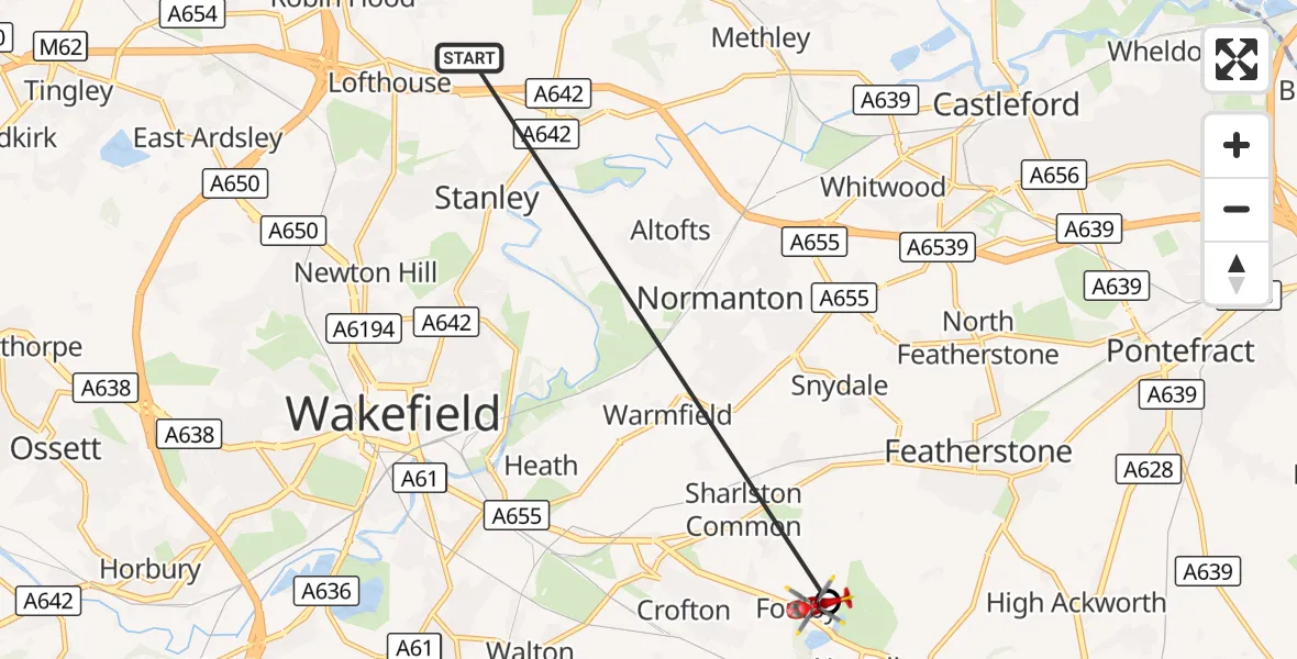 Flight route Air Ambulance Helicopter Carlton - YAA Nostell Helicopter Port, 15 August 2026, 18:06
