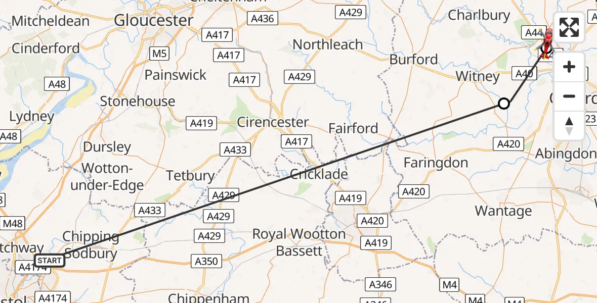 Flight route Air Ambulance Helicopter Westerleigh - London Oxford Airport, 15 August 2026, 18:06