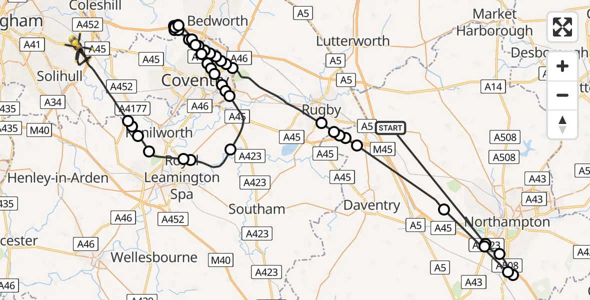 Flight route Police Helicopter Crick - Birmingham Airport, 15 August 2026, 18:06