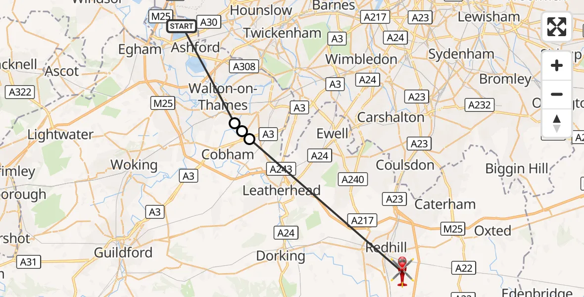 Flight route Air Ambulance Helicopter Stanwell - Redhill Aerodrome, 15 August 2026, 18:06