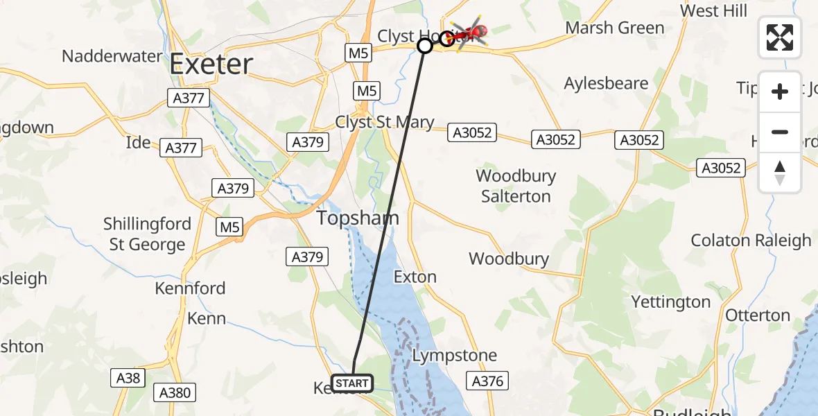 Flight route Air Ambulance Helicopter Kenton - Exeter International Airport, 15 August 2026, 18:19