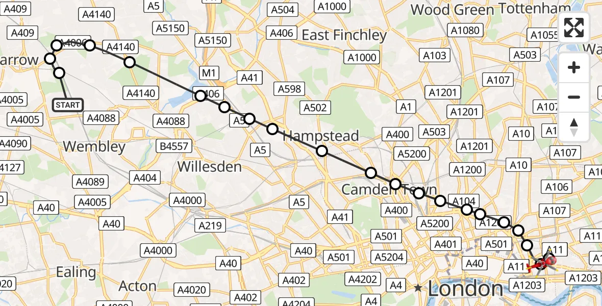 Flight route Air Ambulance Helicopter Preston - Whitechapel, 15 August 2026, 18:26
