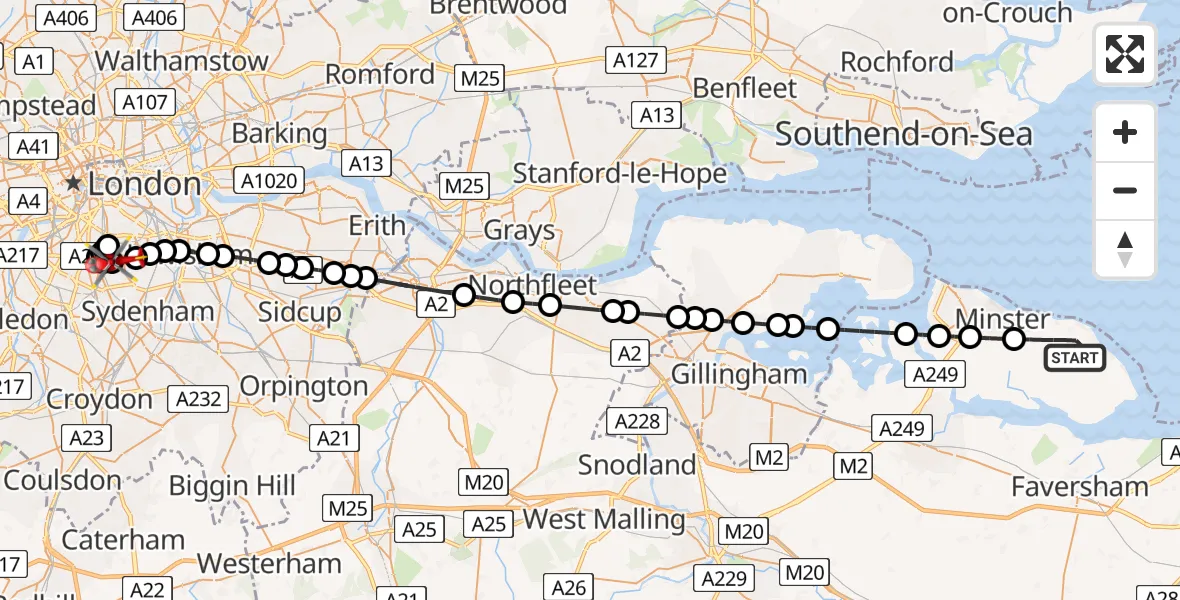 Flight route Air Ambulance Helicopter Eastchurch - East Dulwich, 15 August 2026, 18:32