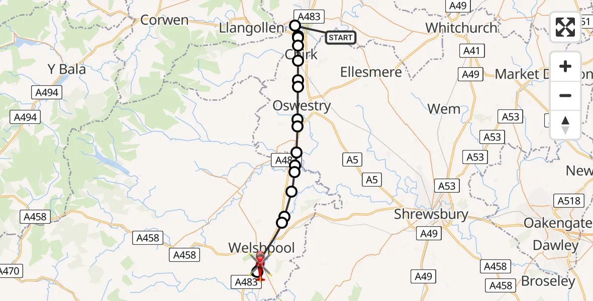 Flight route Air Ambulance Helicopter Erbistock - Welshpool Airport, 15 August 2026, 18:32