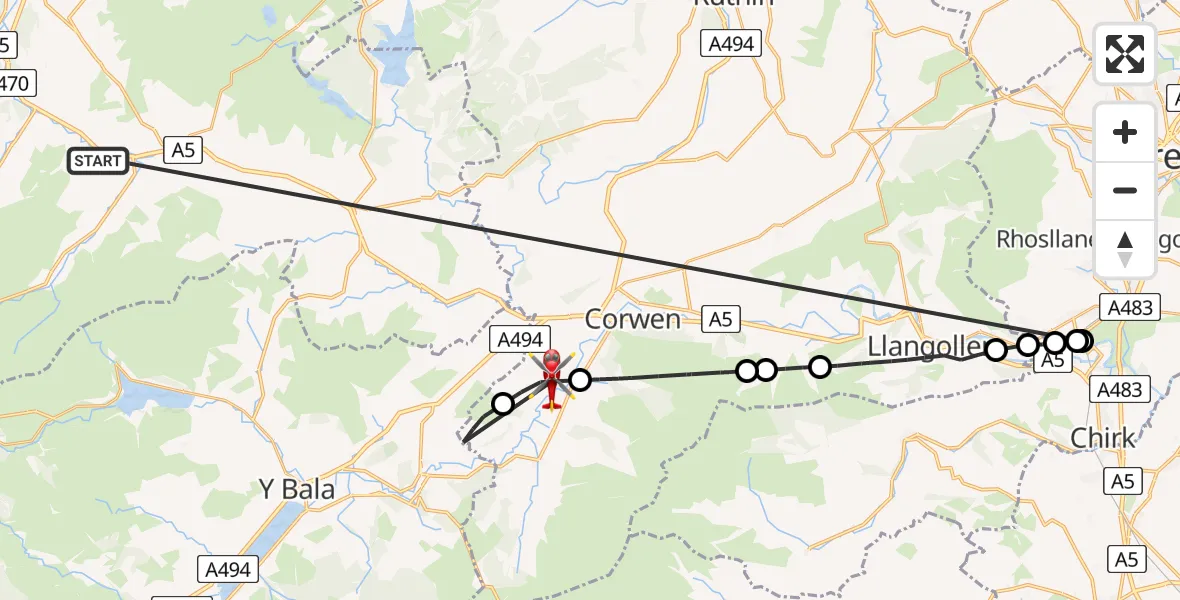 Flight route Air Ambulance Helicopter Ysbyty Ifan - Cynwyd, 15 August 2026, 18:32