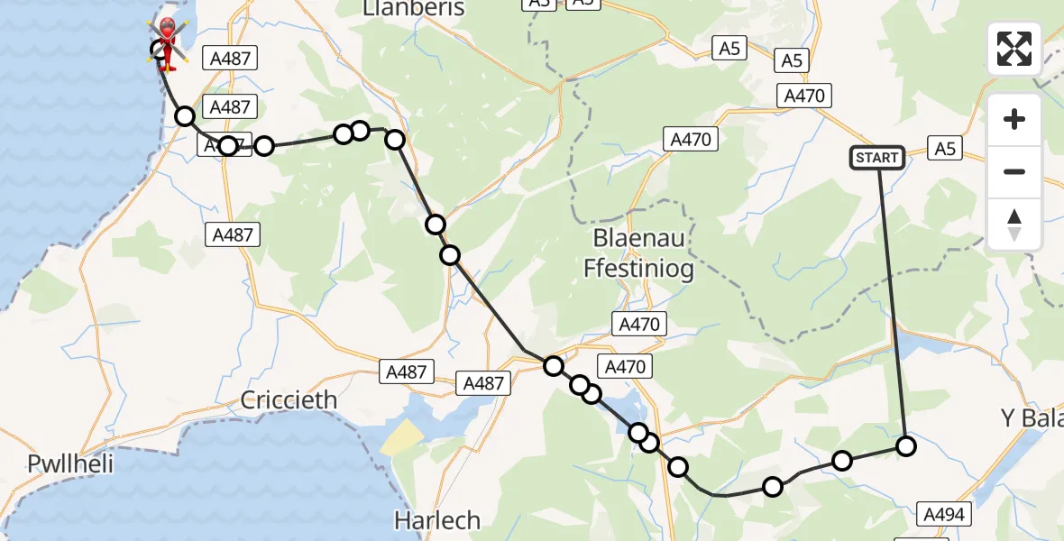 Flight route Air Ambulance Helicopter Ysbyty Ifan - Caernarfon Airport, 15 August 2026, 18:48