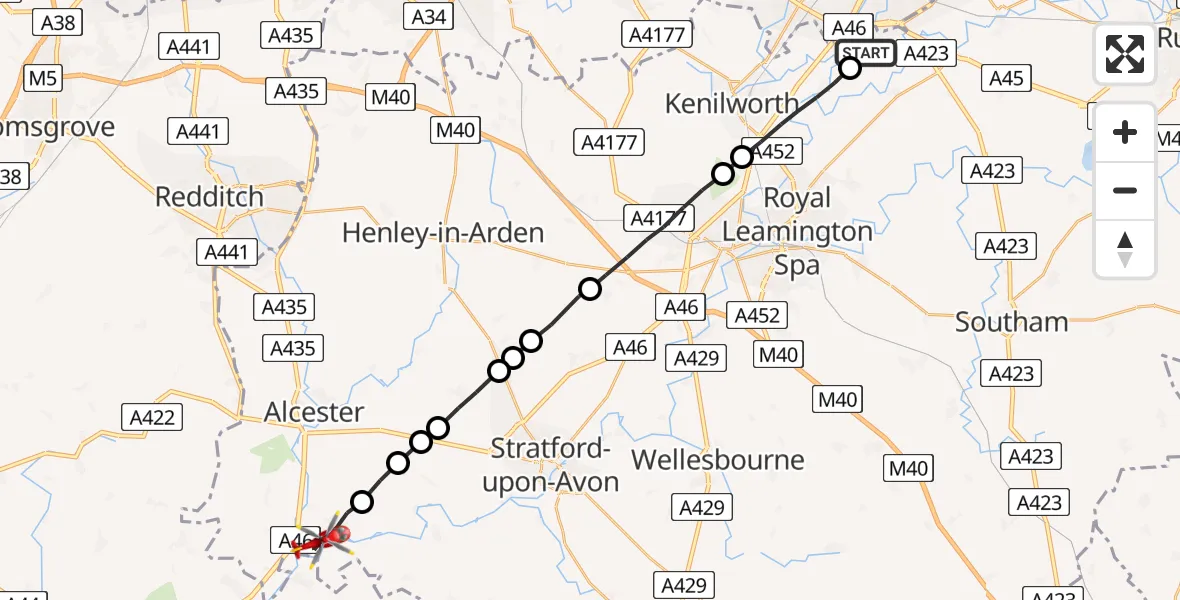 Flight route Air Ambulance Helicopter Coventry Airport - Bidford on Avon CP, 15 August 2026, 18:58