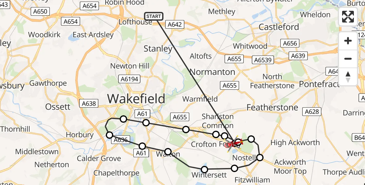 Flight route Air Ambulance Helicopter Carlton - YAA Nostell Helicopter Port, 15 August 2026, 18:58