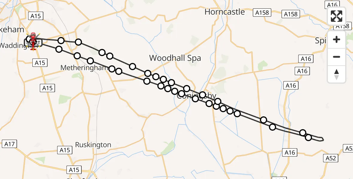 Flight route Air Ambulance Helicopter RAF Waddington - North Kesteven, 15 August 2026, 19:10