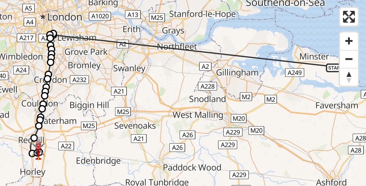 Flight route Air Ambulance Helicopter Eastchurch - Redhill Aerodrome, 15 August 2026, 19:11