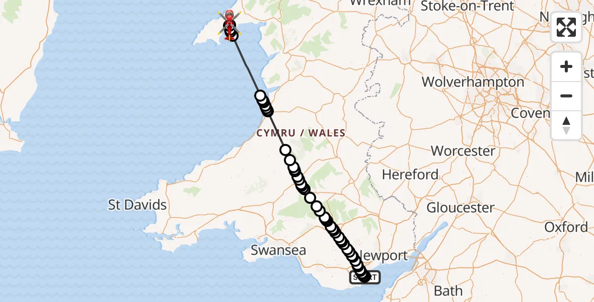 Flight route Air Ambulance Helicopter Cardiff Heliport - Abererch, 15 August 2026, 19:12