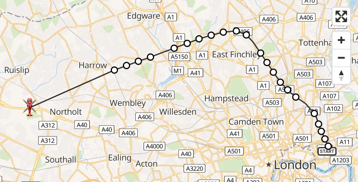 Flight route Air Ambulance Helicopter Royal London Hospital - RAF Northolt, 15 August 2026, 19:30