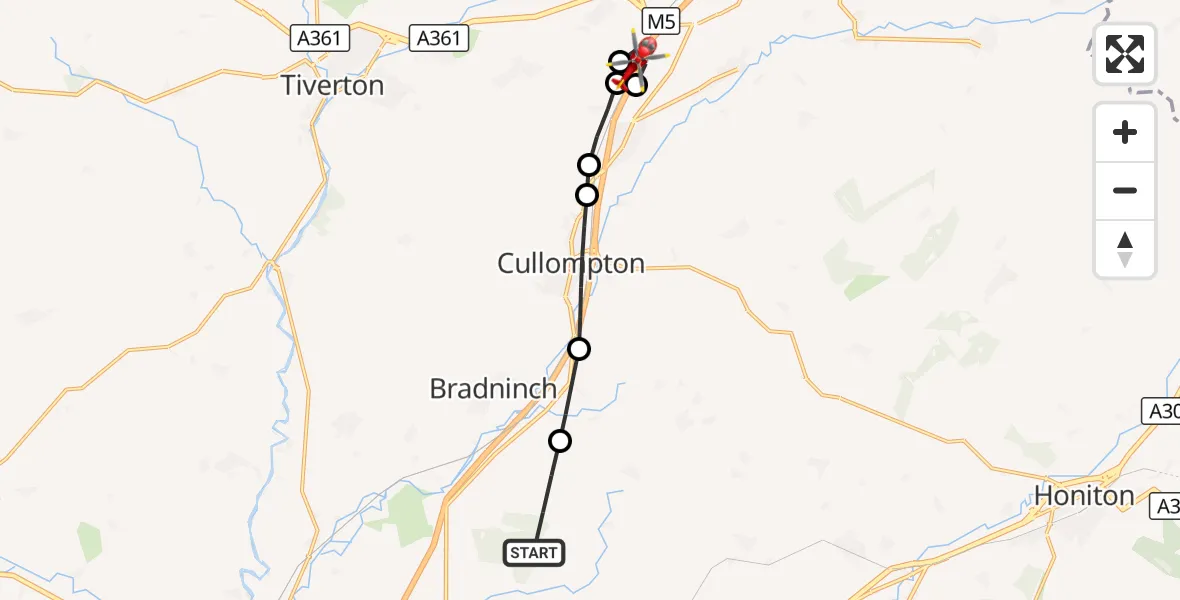 Flight route Air Ambulance Helicopter East Devon - Sampford Peverell, 15 August 2026, 19:46