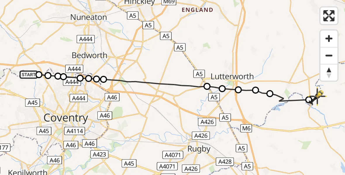 Flight route Police Helicopter Allesley - Harborough, 15 August 2026, 19:46