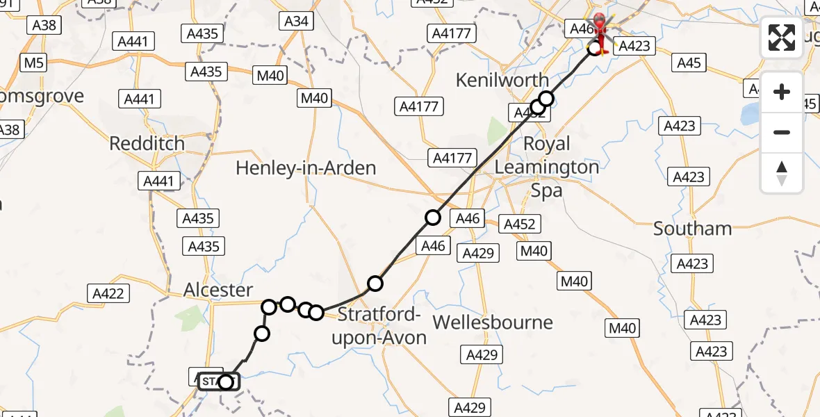 Flight route Air Ambulance Helicopter Bidford on Avon CP - Coventry Airport, 15 August 2026, 19:59