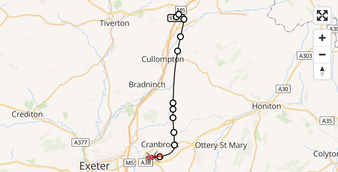 Flight route Air Ambulance Helicopter Halberton - Exeter International Airport, 15 August 2026, 20:18