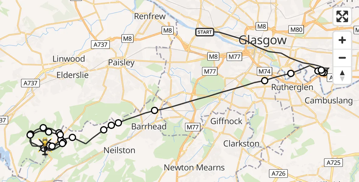 Flight route Police Helicopter Glasgow - Renfrewshire, 15 August 2026, 20:25