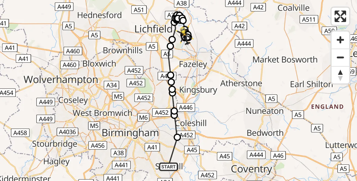 Flight route Police Helicopter Solihull - Fisherwick Airfield, 15 August 2026, 20:28
