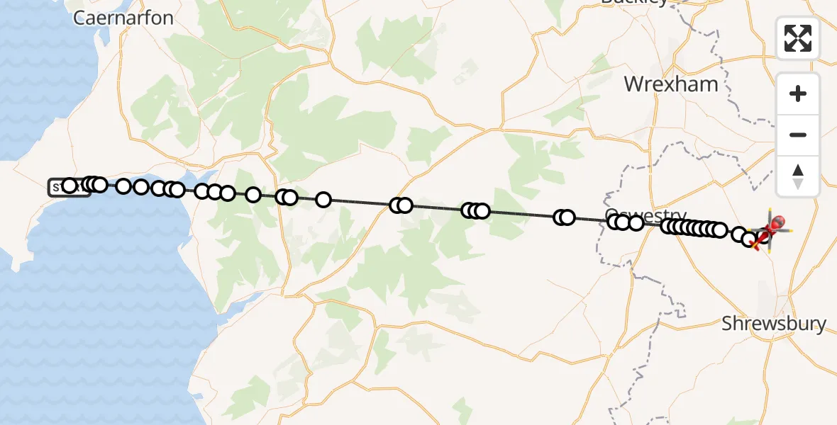 Flight route Air Ambulance Helicopter Pwllheli - Sleap Airfield, 15 August 2026, 20:46