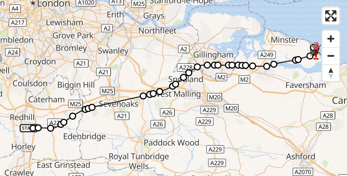 Flight route Air Ambulance Helicopter Redhill Aerodrome - Leysdown-on-Sea, 15 August 2026, 20:48