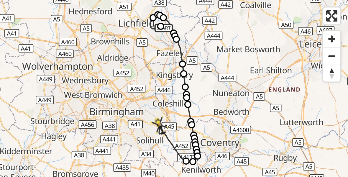 Flight route Police Helicopter Fisherwick Airfield - Birmingham Airport, 15 August 2026, 20:55