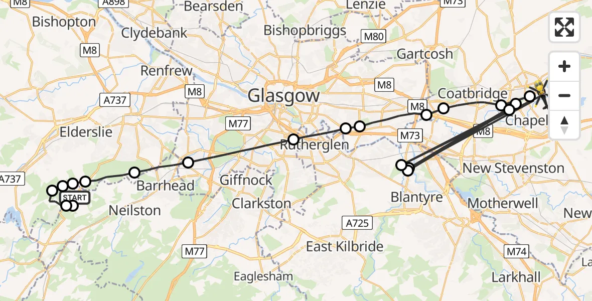 Flight route Police Helicopter Elderslie - Gartness, 15 August 2026, 20:59
