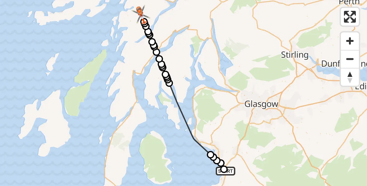 Flight route Coastguard Helicopter Glasgow Prestwick Airport - Argyll and Bute, 15 August 2026, 21:06