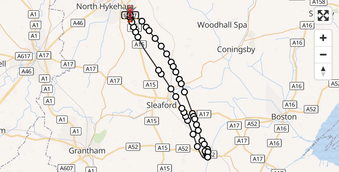 Flight route Air Ambulance Helicopter RAF Waddington - North Kesteven, 15 August 2026, 21:14