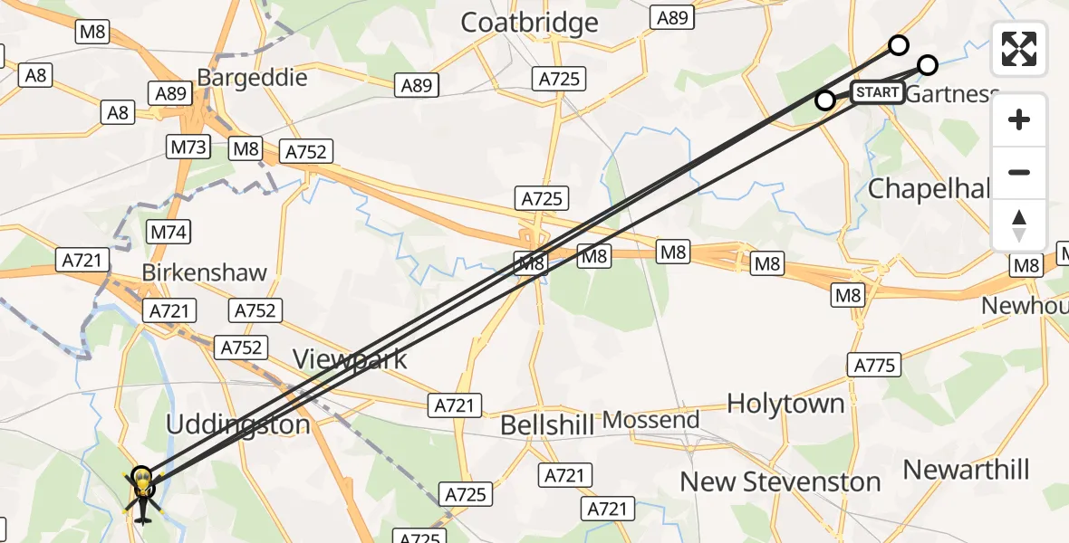 Flight route Police Helicopter Chapelhall - Blantyre, 15 August 2026, 21:18