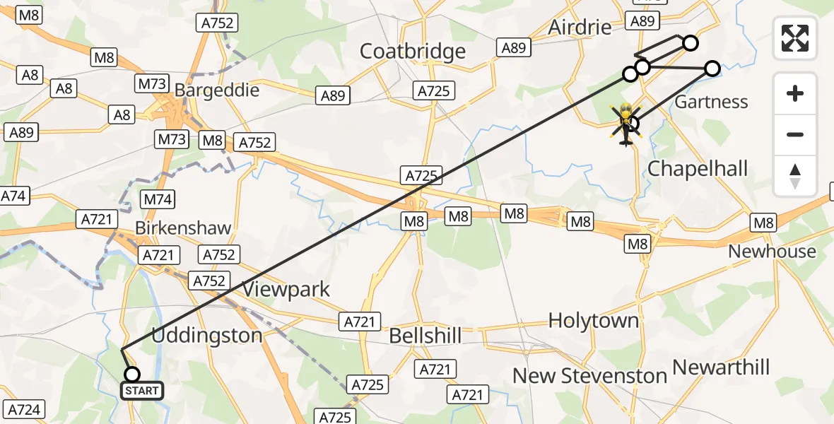 Flight route Police Helicopter Blantyre - Calderbank, 15 August 2026, 21:21