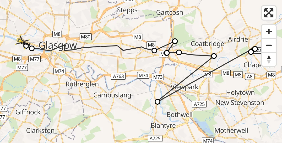 Flight route Police Helicopter Gartness - Glasgow City Heliport, 15 August 2026, 21:27