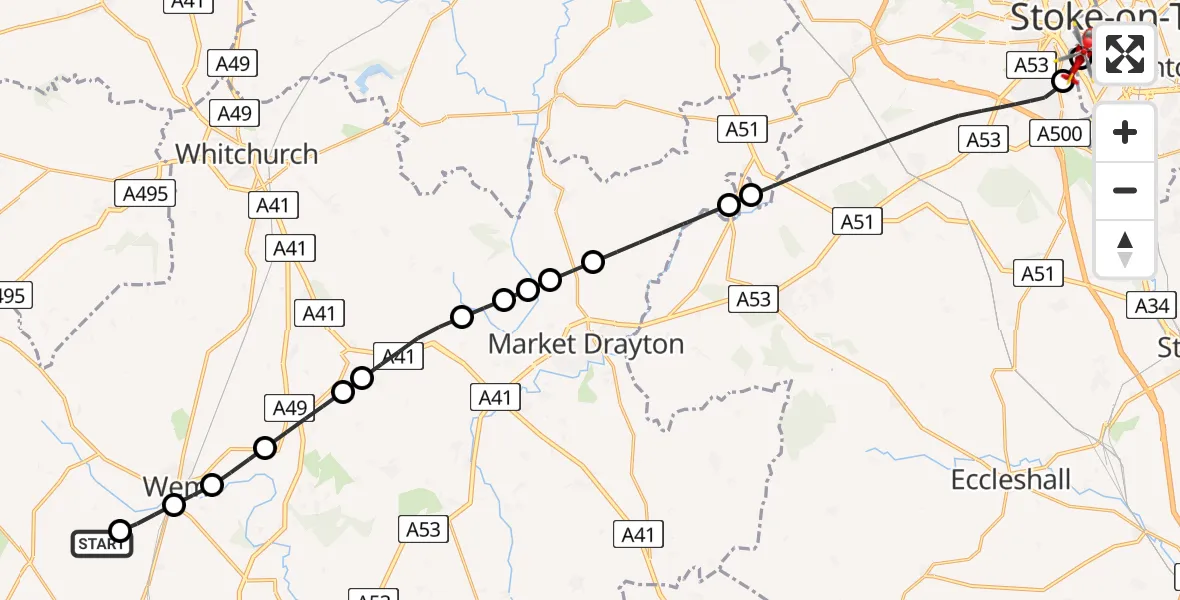 Flight route Air Ambulance Helicopter Sleap Airfield - University Hospital North Staffs, 15 August 2026, 21:27