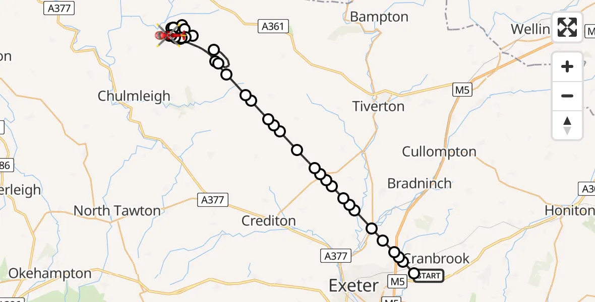 Flight route Air Ambulance Helicopter Exeter International Airport - Romansleigh, 15 August 2026, 21:48