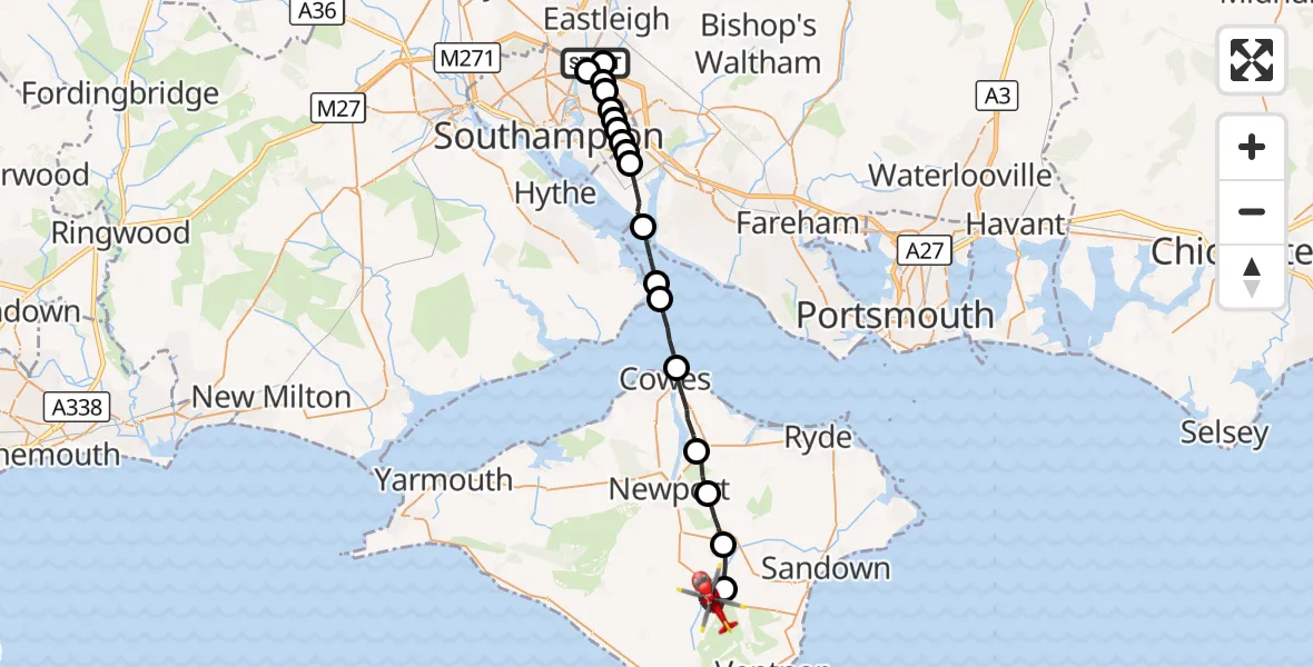 Flight route Air Ambulance Helicopter Southampton Airport - Godshill, 15 August 2026, 22:08