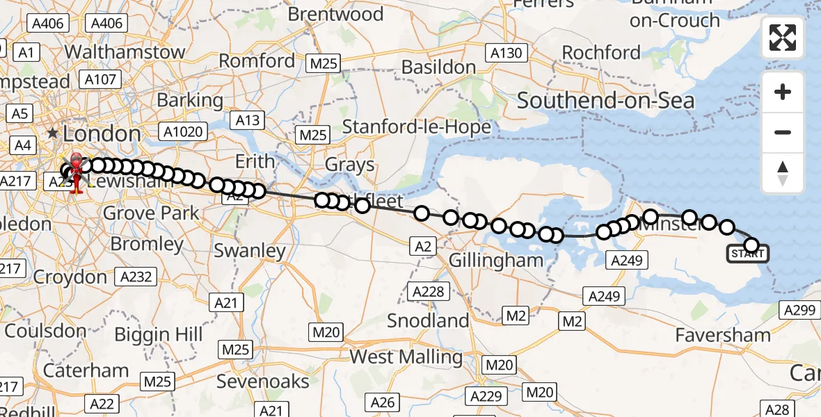 Flight route Air Ambulance Helicopter Leysdown-on-Sea - Kings College London Hospital, 15 August 2026, 22:22